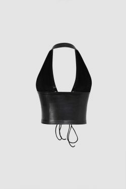 Y2K Faux Leather Halter Lace-Up Top: Coquette Aesthetic, Grunge Style, Cute Tops, Pastel Goth