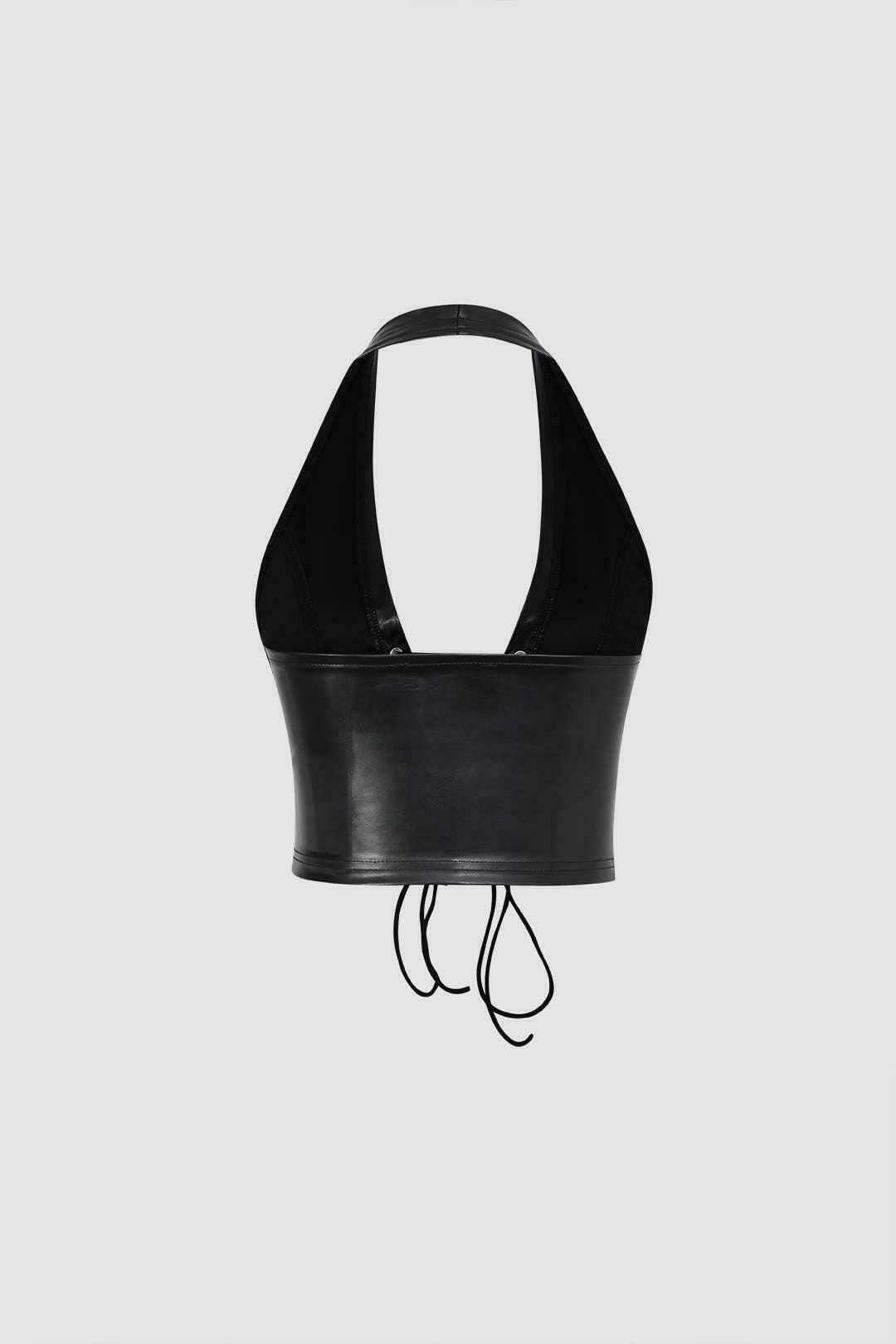 Y2K Faux Leather Halter Lace-Up Top: Coquette Aesthetic, Grunge Style, Cute Tops, Pastel Goth