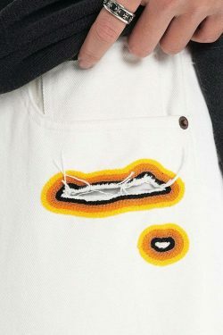 Y2K Flame Embroidered Baggy Jeans - Coquette Aesthetic Grunge Style Women's Fashion