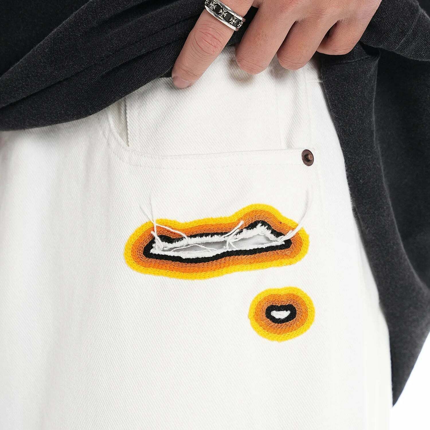 Y2K Flame Embroidered Baggy Jeans - Coquette Aesthetic Grunge Style Women's Fashion