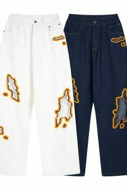 Y2K Flame Embroidered Baggy Jeans - Coquette Aesthetic Grunge Style Women's Fashion