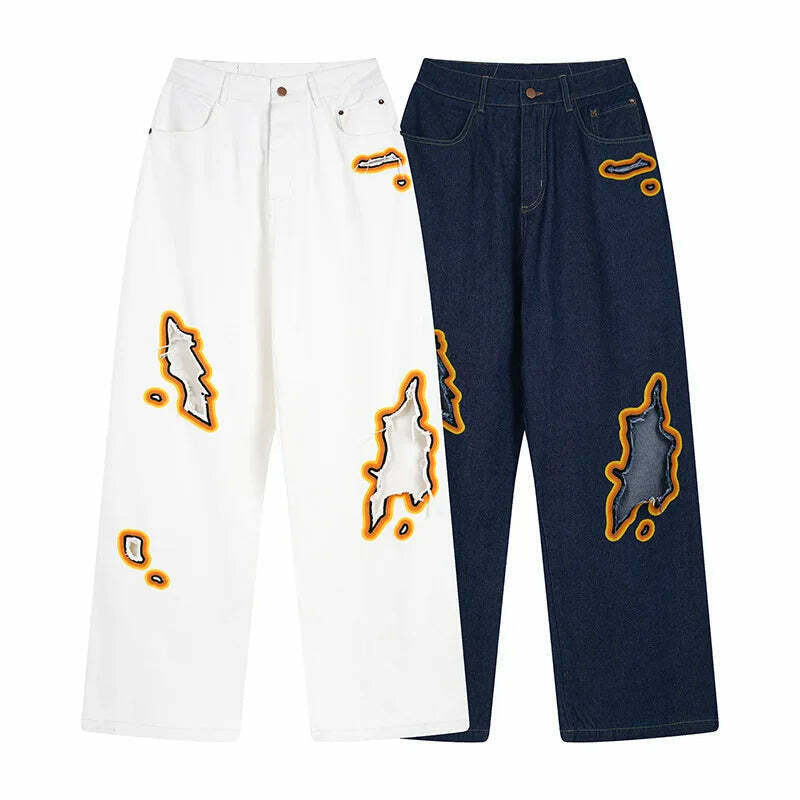 Y2K Flame Embroidered Baggy Jeans - Coquette Aesthetic Grunge Style Women's Fashion