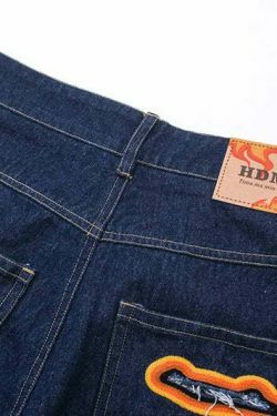 Y2K Flame Embroidered Baggy Jeans - Coquette Aesthetic Grunge Style Women's Fashion