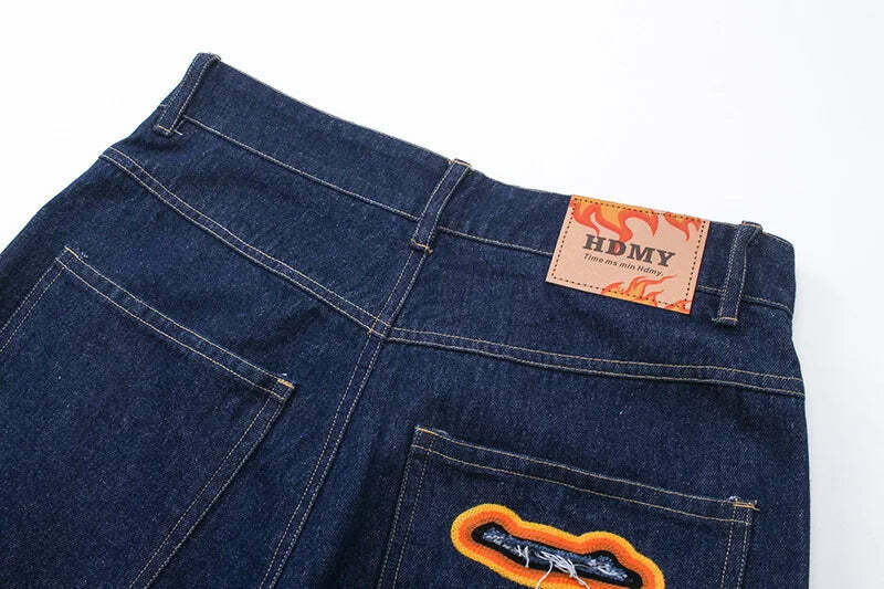 Y2K Flame Embroidered Baggy Jeans - Coquette Aesthetic Grunge Style Women's Fashion