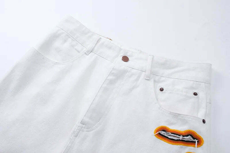 Y2K Flame Embroidered Baggy Jeans - Coquette Aesthetic Grunge Style Women's Fashion