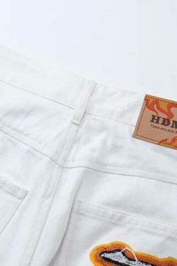 Y2K Flame Embroidered Baggy Jeans - Coquette Aesthetic Grunge Style Women's Fashion