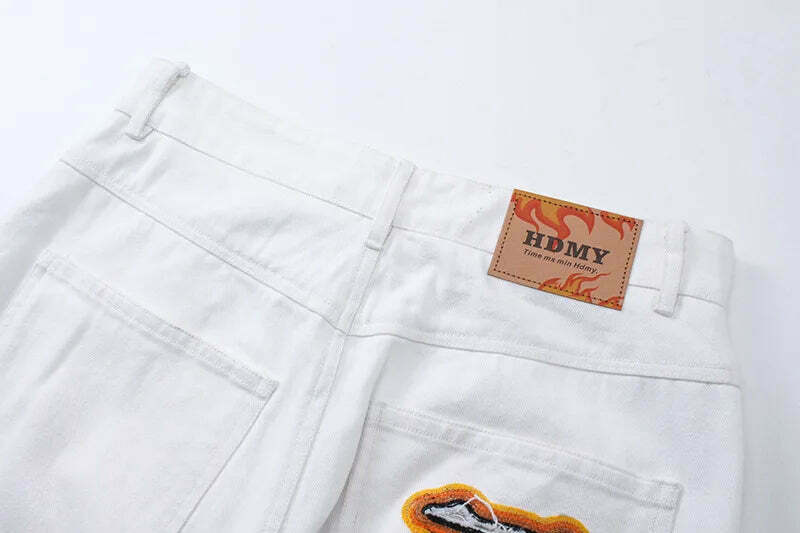 Y2K Flame Embroidered Baggy Jeans - Coquette Aesthetic Grunge Style Women's Fashion