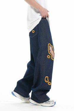 Y2K Flame Embroidered Baggy Jeans - Coquette Aesthetic Grunge Style Women's Fashion
