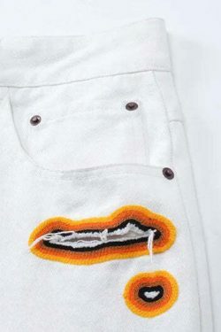 Y2K Flame Embroidered Baggy Jeans - Coquette Aesthetic Grunge Style Women's Fashion