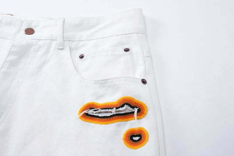 Y2K Flame Embroidered Baggy Jeans - Coquette Aesthetic Grunge Style Women's Fashion