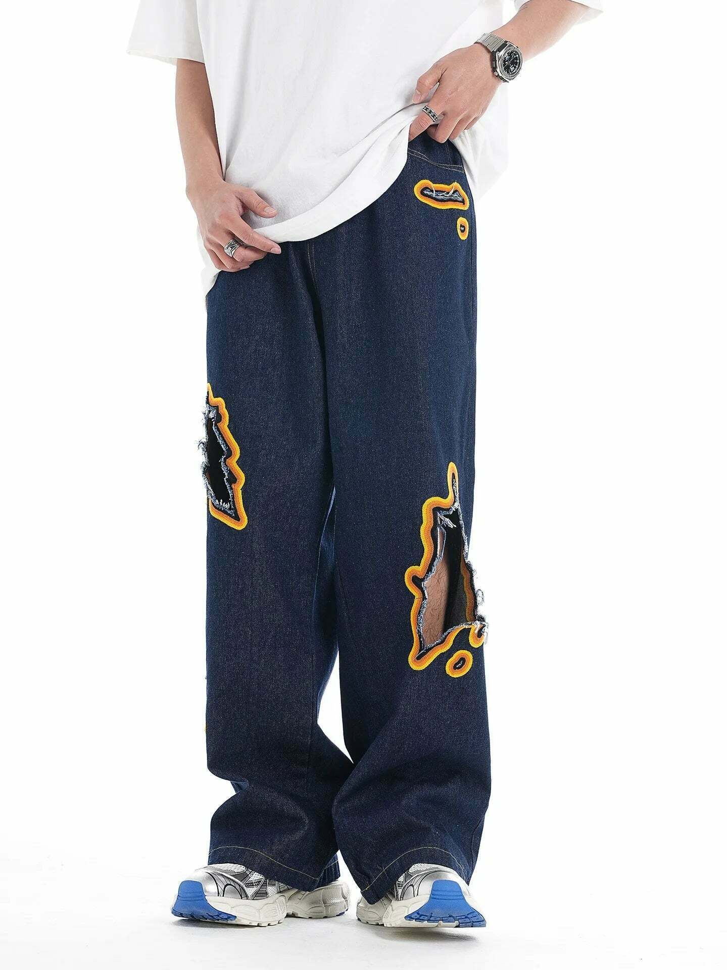 Y2K Flame Embroidered Baggy Jeans - Coquette Aesthetic Grunge Style Women's Fashion