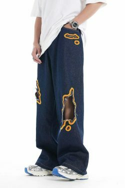 Y2K Flame Embroidered Baggy Jeans - Coquette Aesthetic Grunge Style Women's Fashion