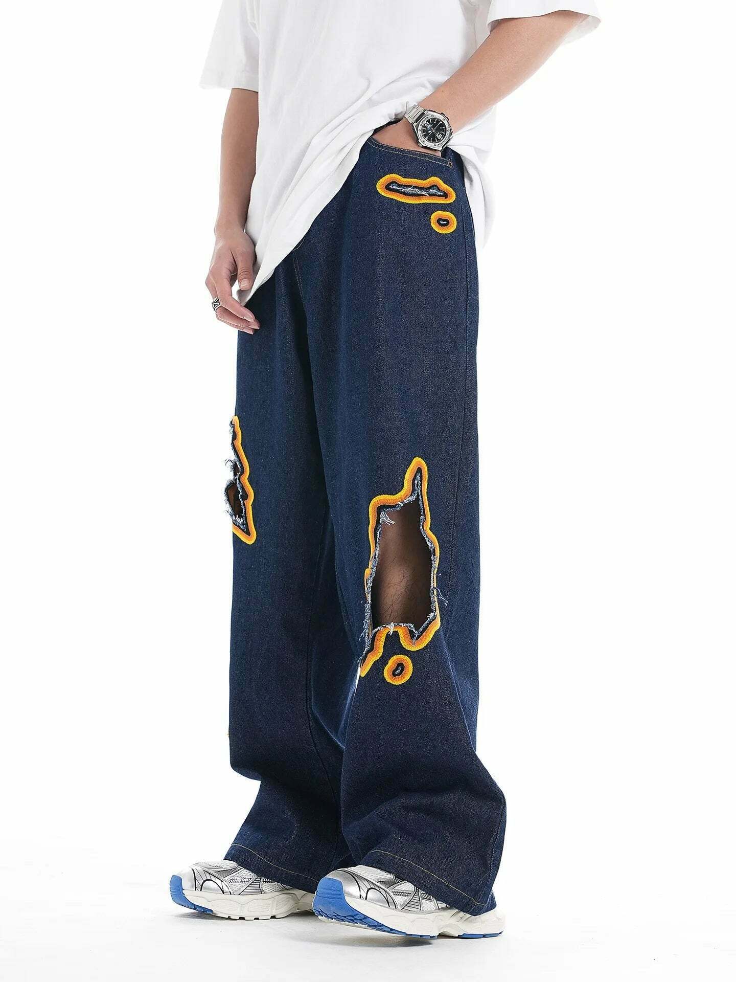 Y2K Flame Embroidered Baggy Jeans - Coquette Aesthetic Grunge Style Women's Fashion