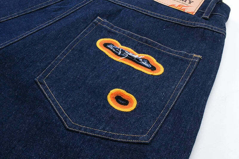 Y2K Flame Embroidered Baggy Jeans - Coquette Aesthetic Grunge Style Women's Fashion