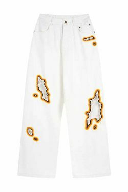 Y2K Flame Embroidered Baggy Jeans - Coquette Aesthetic Grunge Style Women's Fashion