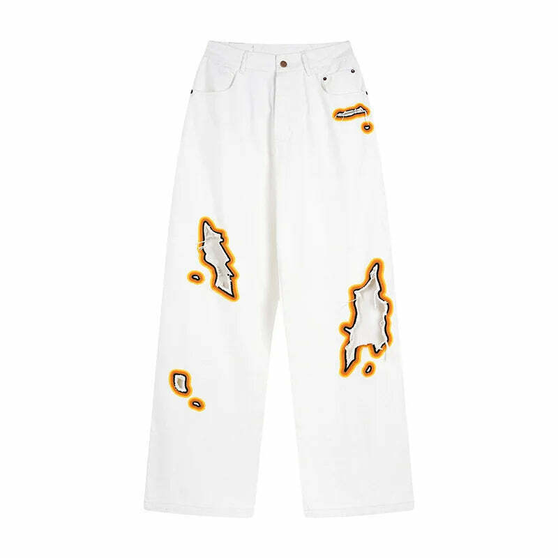 Y2K Flame Embroidered Baggy Jeans - Coquette Aesthetic Grunge Style Women's Fashion