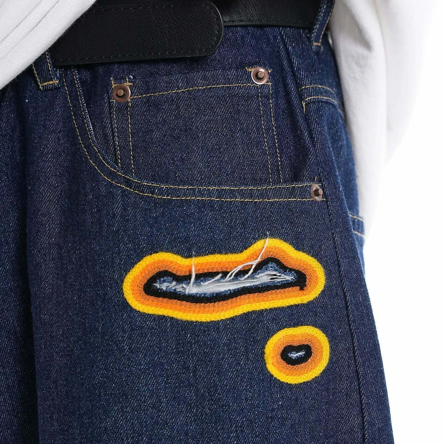 Y2K Flame Embroidered Baggy Jeans - Coquette Aesthetic Grunge Style Women's Fashion