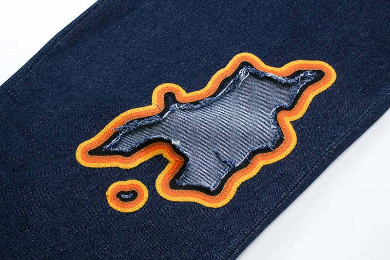 Y2K Flame Embroidered Baggy Jeans - Coquette Aesthetic Grunge Style Women's Fashion