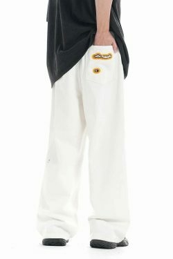 Y2K Flame Embroidered Baggy Jeans - Coquette Aesthetic Grunge Style Women's Fashion