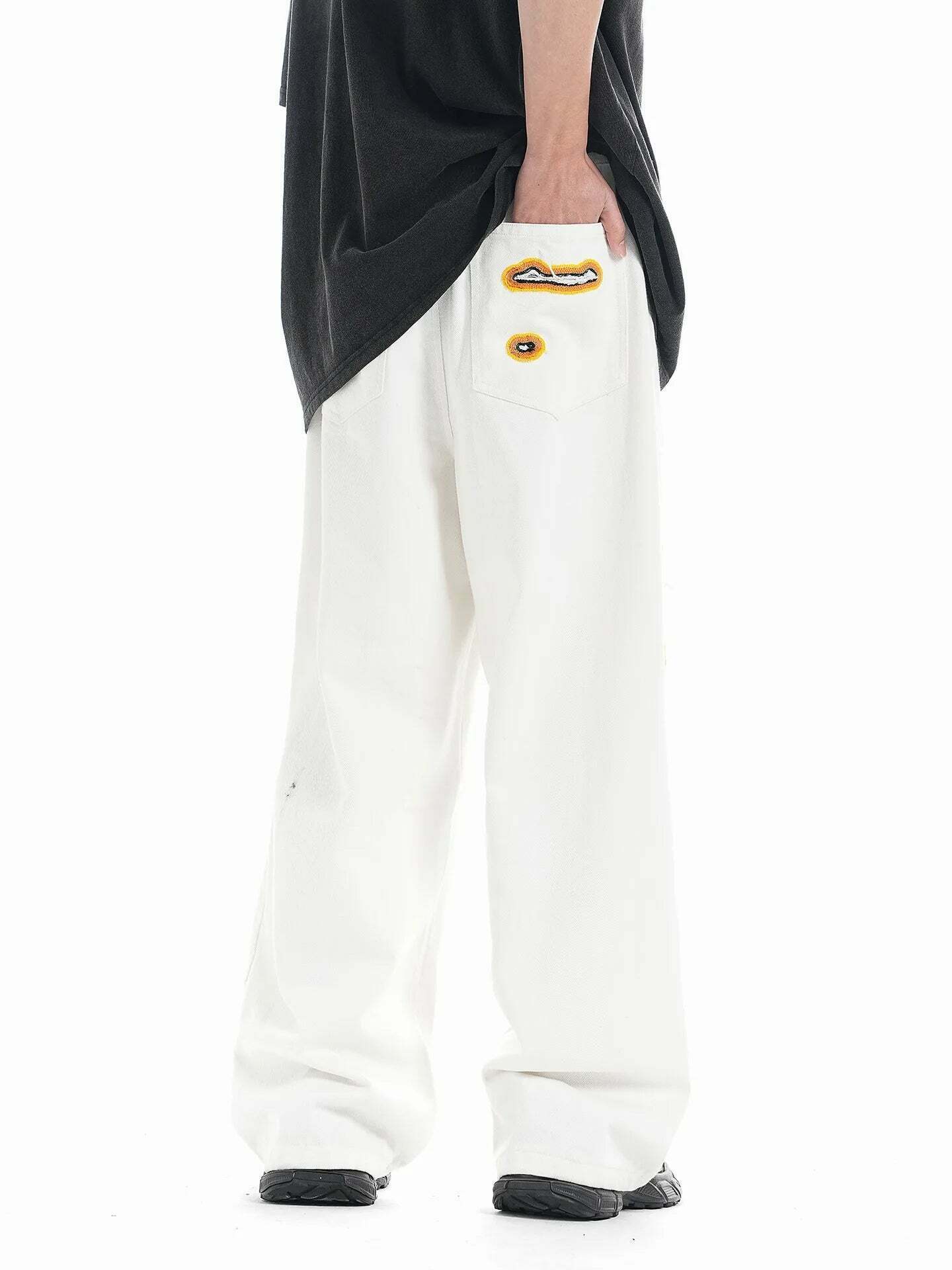 Y2K Flame Embroidered Baggy Jeans - Coquette Aesthetic Grunge Style Women's Fashion