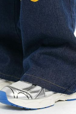 Y2K Flame Embroidered Baggy Jeans - Coquette Aesthetic Grunge Style Women's Fashion