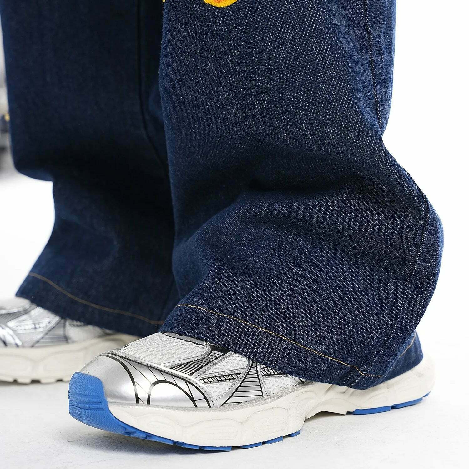 Y2K Flame Embroidered Baggy Jeans - Coquette Aesthetic Grunge Style Women's Fashion