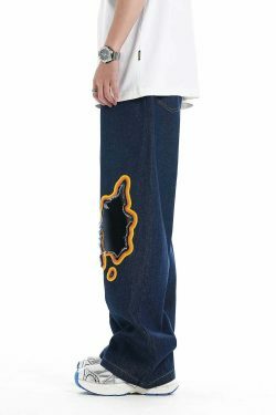Y2K Flame Embroidered Baggy Jeans - Coquette Aesthetic Grunge Style Women's Fashion