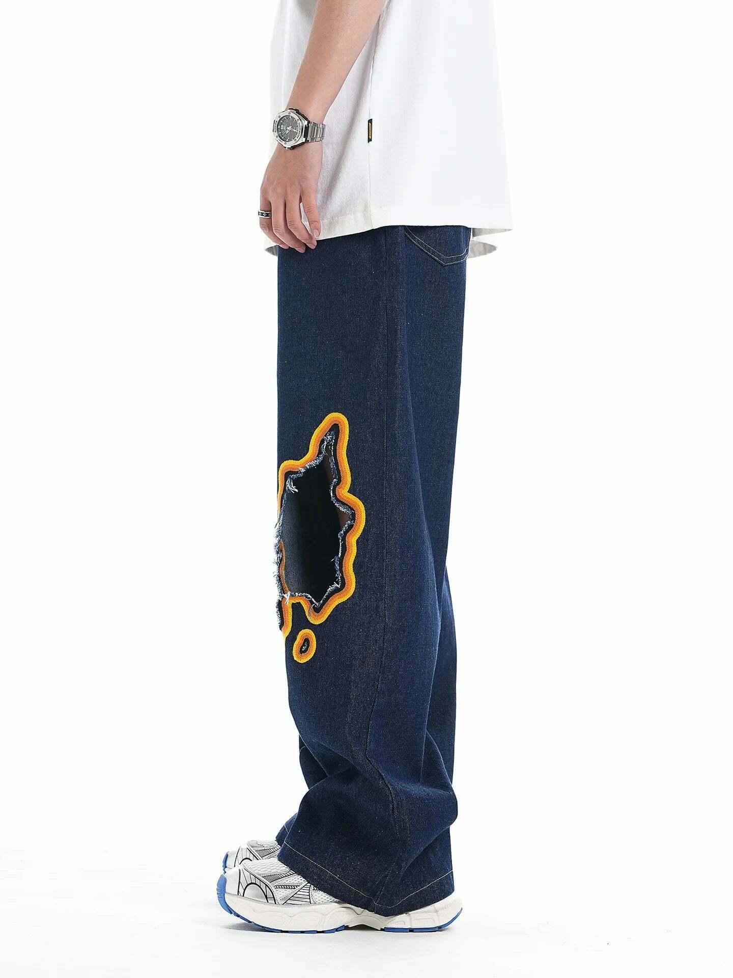 Y2K Flame Embroidered Baggy Jeans - Coquette Aesthetic Grunge Style Women's Fashion