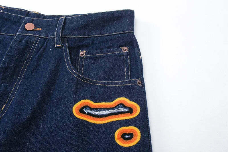 Y2K Flame Embroidered Baggy Jeans - Coquette Aesthetic Grunge Style Women's Fashion