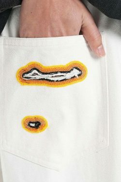 Y2K Flame Embroidered Baggy Jeans - Coquette Aesthetic Grunge Style Women's Fashion