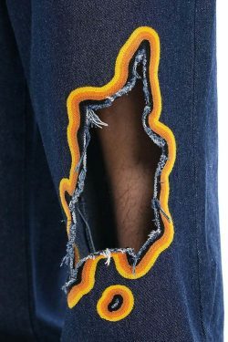 Y2K Flame Embroidered Baggy Jeans - Coquette Aesthetic Grunge Style Women's Fashion