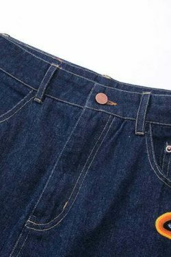 Y2K Flame Embroidered Baggy Jeans - Coquette Aesthetic Grunge Style Women's Fashion