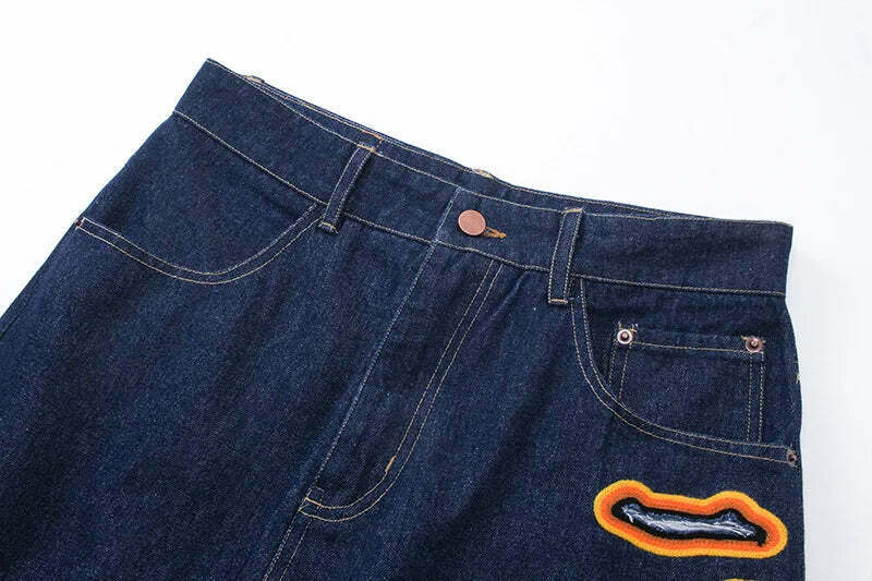 Y2K Flame Embroidered Baggy Jeans - Coquette Aesthetic Grunge Style Women's Fashion