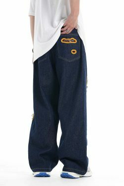 Y2K Flame Embroidered Baggy Jeans - Coquette Aesthetic Grunge Style Women's Fashion