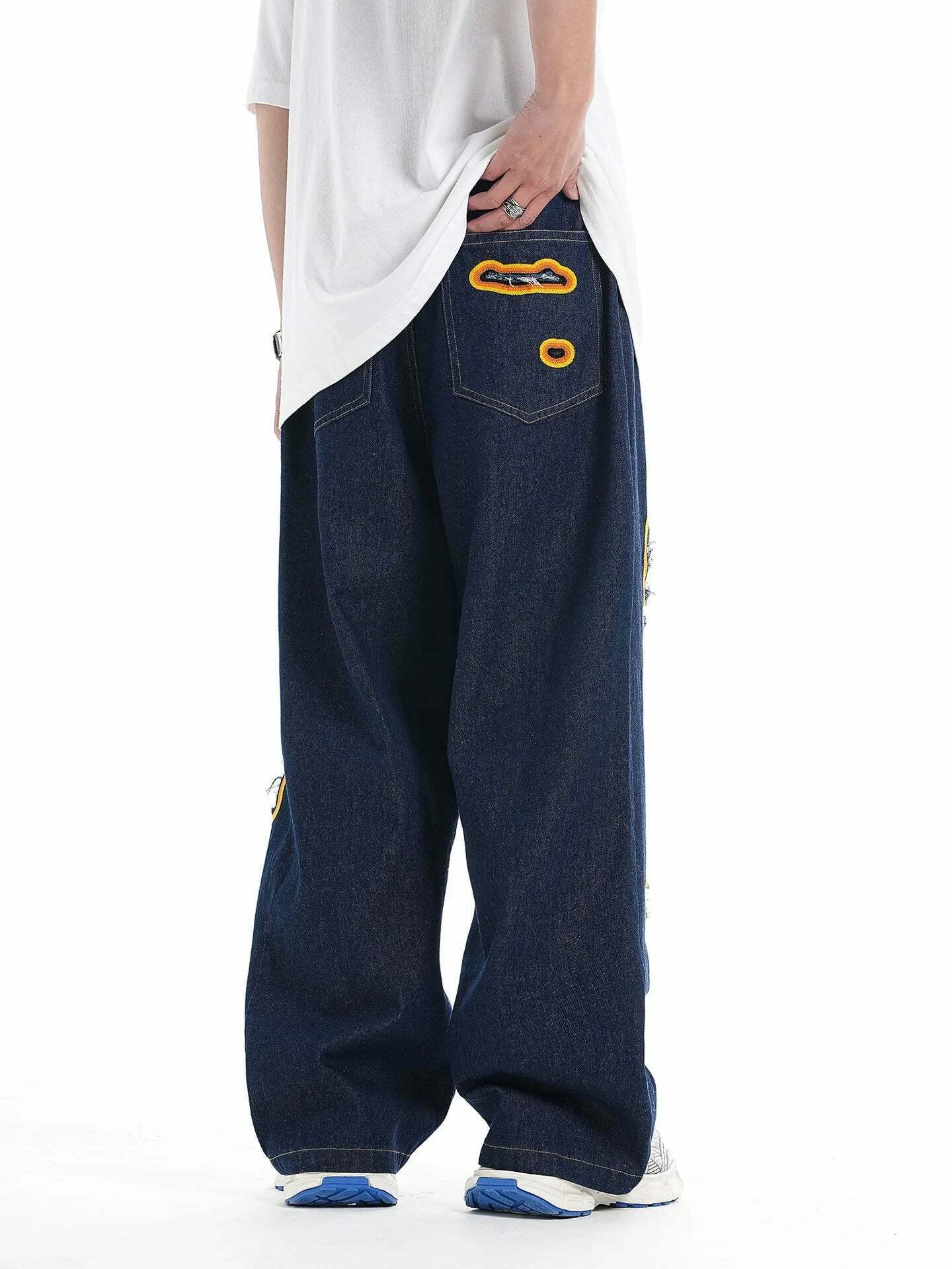 Y2K Flame Embroidered Baggy Jeans - Coquette Aesthetic Grunge Style Women's Fashion