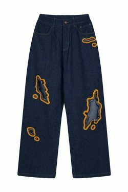 Y2K Flame Embroidered Baggy Jeans - Coquette Aesthetic Grunge Style Women's Fashion