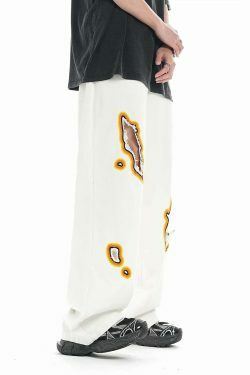 Y2K Flame Embroidered Baggy Jeans - Coquette Aesthetic Grunge Style Women's Fashion