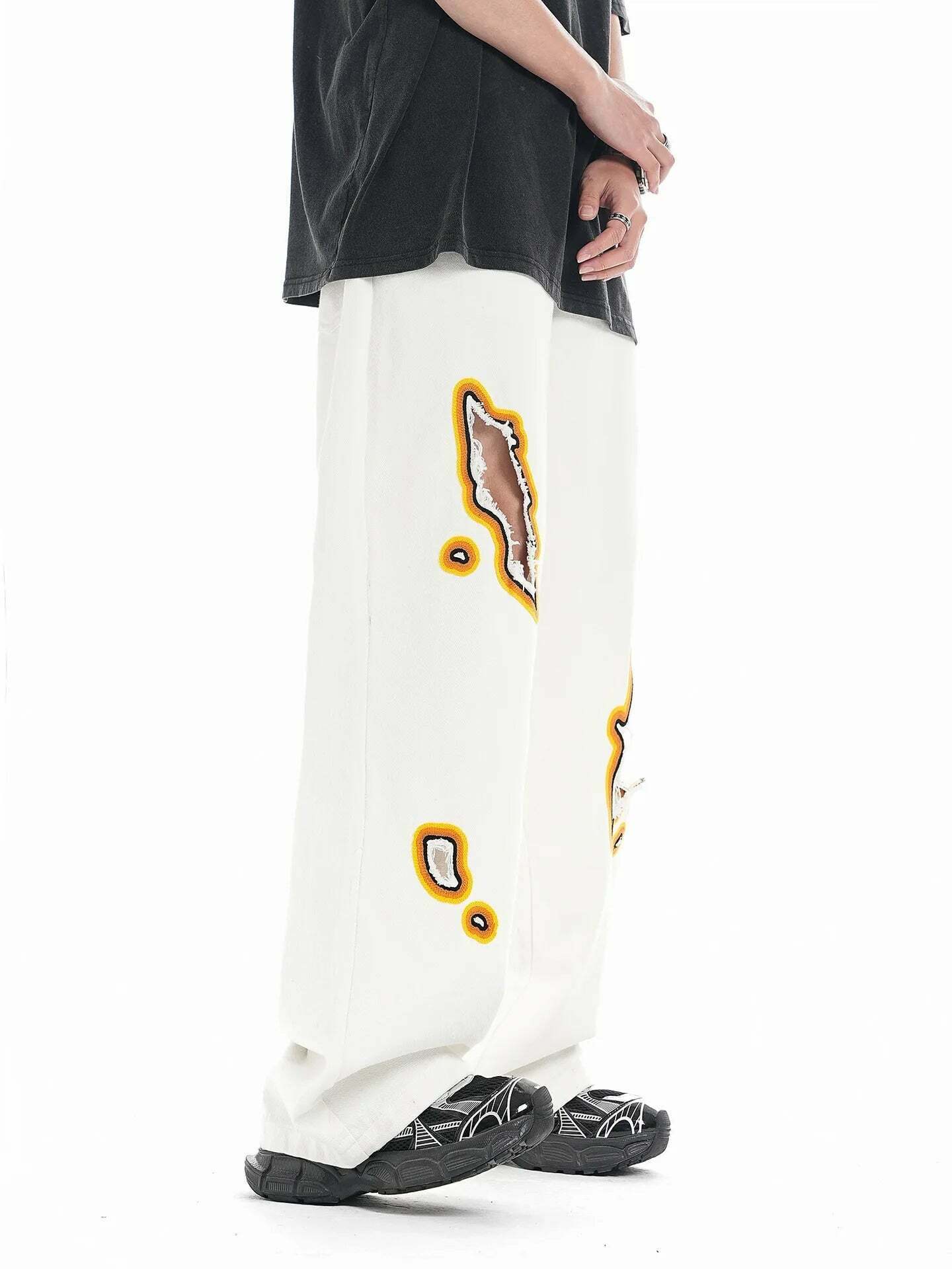 Y2K Flame Embroidered Baggy Jeans - Coquette Aesthetic Grunge Style Women's Fashion