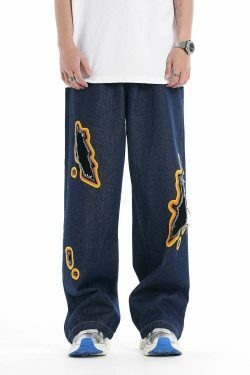 Y2K Flame Embroidered Baggy Jeans - Coquette Aesthetic Grunge Style Women's Fashion