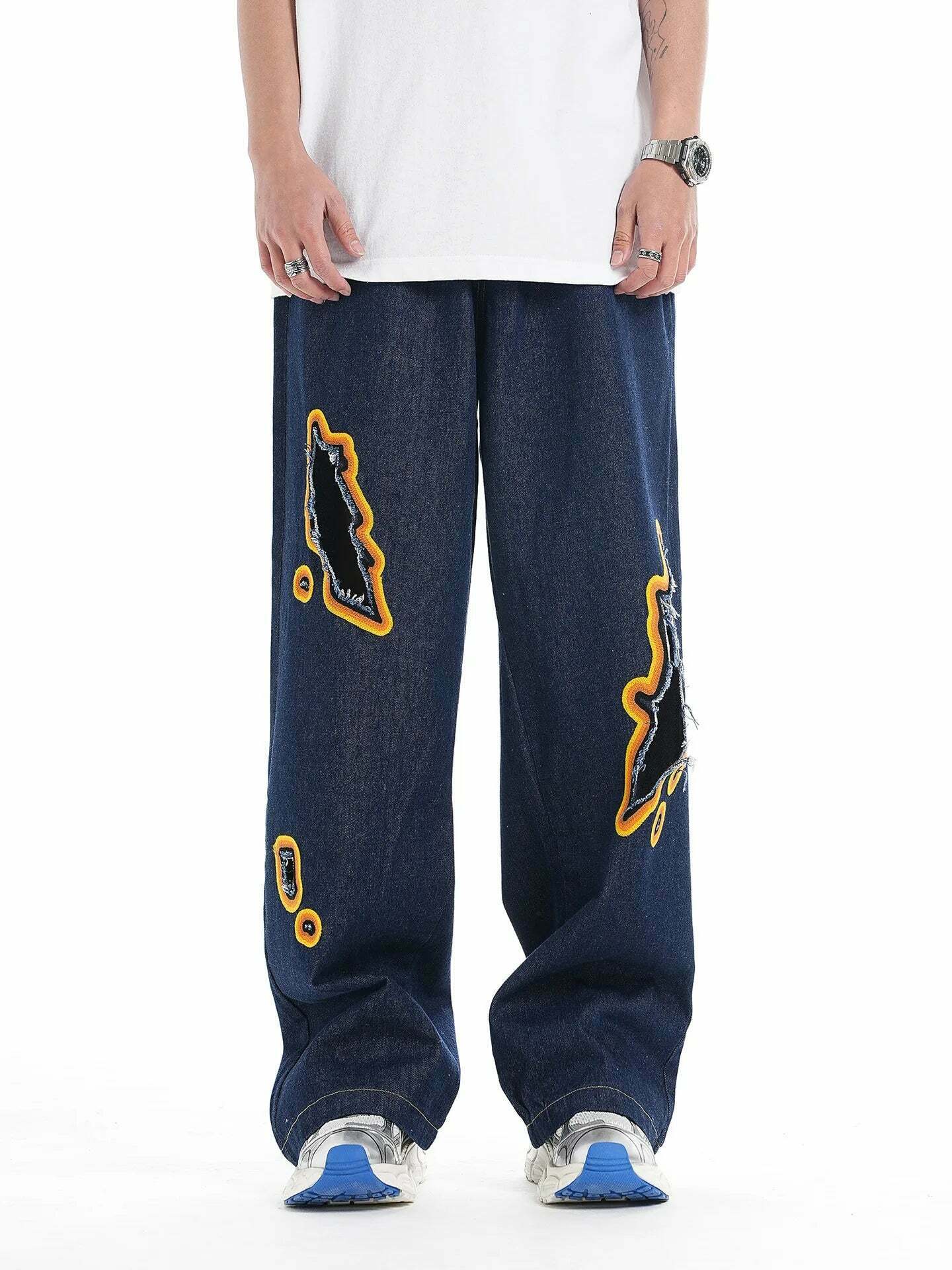 Y2K Flame Embroidered Baggy Jeans - Coquette Aesthetic Grunge Style Women's Fashion