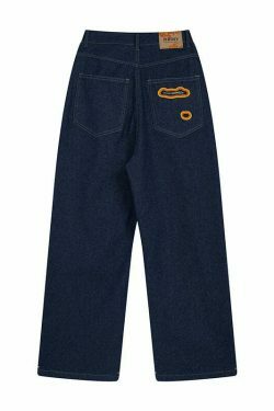 Y2K Flame Embroidered Baggy Jeans - Coquette Aesthetic Grunge Style Women's Fashion