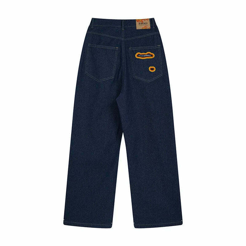 Y2K Flame Embroidered Baggy Jeans - Coquette Aesthetic Grunge Style Women's Fashion