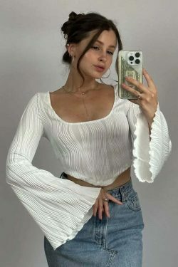 Y2K Flare Flutter Textured Crop Top - Coquette Aesthetic, Grunge Style, Cute Tops, Pastel Goth