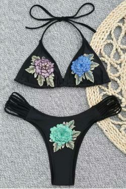 Y2K Floral Applique Halter Swimsuit - Coquette Aesthetic Beachwear