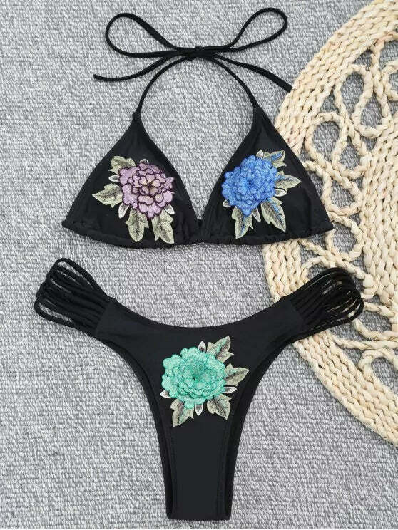 Y2K Floral Applique Halter Swimsuit - Coquette Aesthetic Beachwear Y2K Floral Applique Halter Swimsuit - Coquette Aesthetic Beachwear