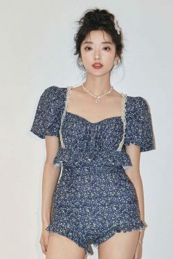 Y2K Floral Bikini with Puffy Sleeves - Coquette Aesthetic Swimsuit for Women