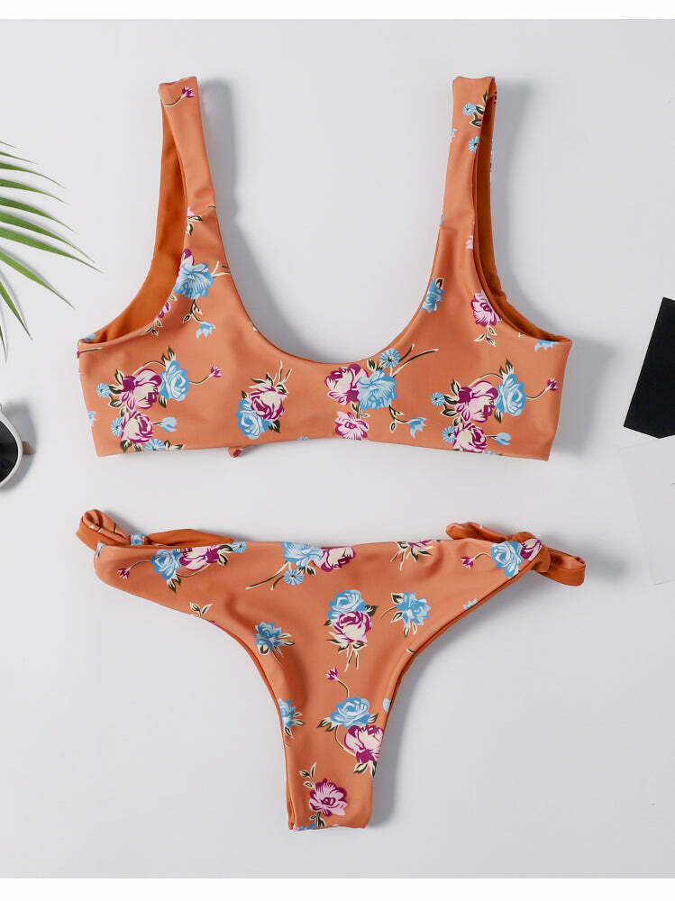 Y2K Floral Braided Bikini Set with Front Knot - Coquette Aesthetic Swimwear Y2K Floral Braided Bikini Set with Front Knot - Coquette Aesthetic Swimwear