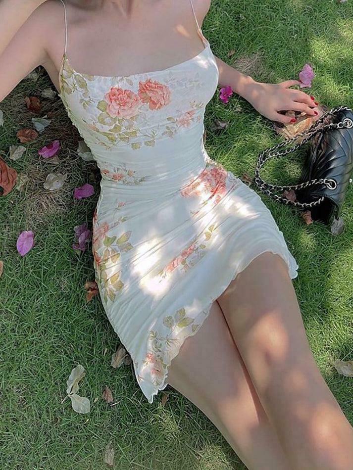 Y2K Floral Mesh Bodycon Dress - Coquette Aesthetic Mini Dress for Women - Grunge Style Fashion