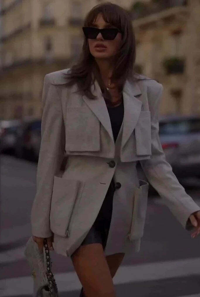 Y2K French Jacket with Large Pockets - Coquette Aesthetic Grunge Style - Cute Tops & Cargo Skirt