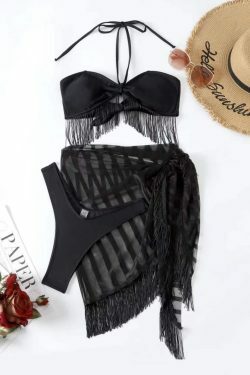 Y2K Fringe Tube Top Mesh Bikini Set - Coquette Aesthetic Swimwear